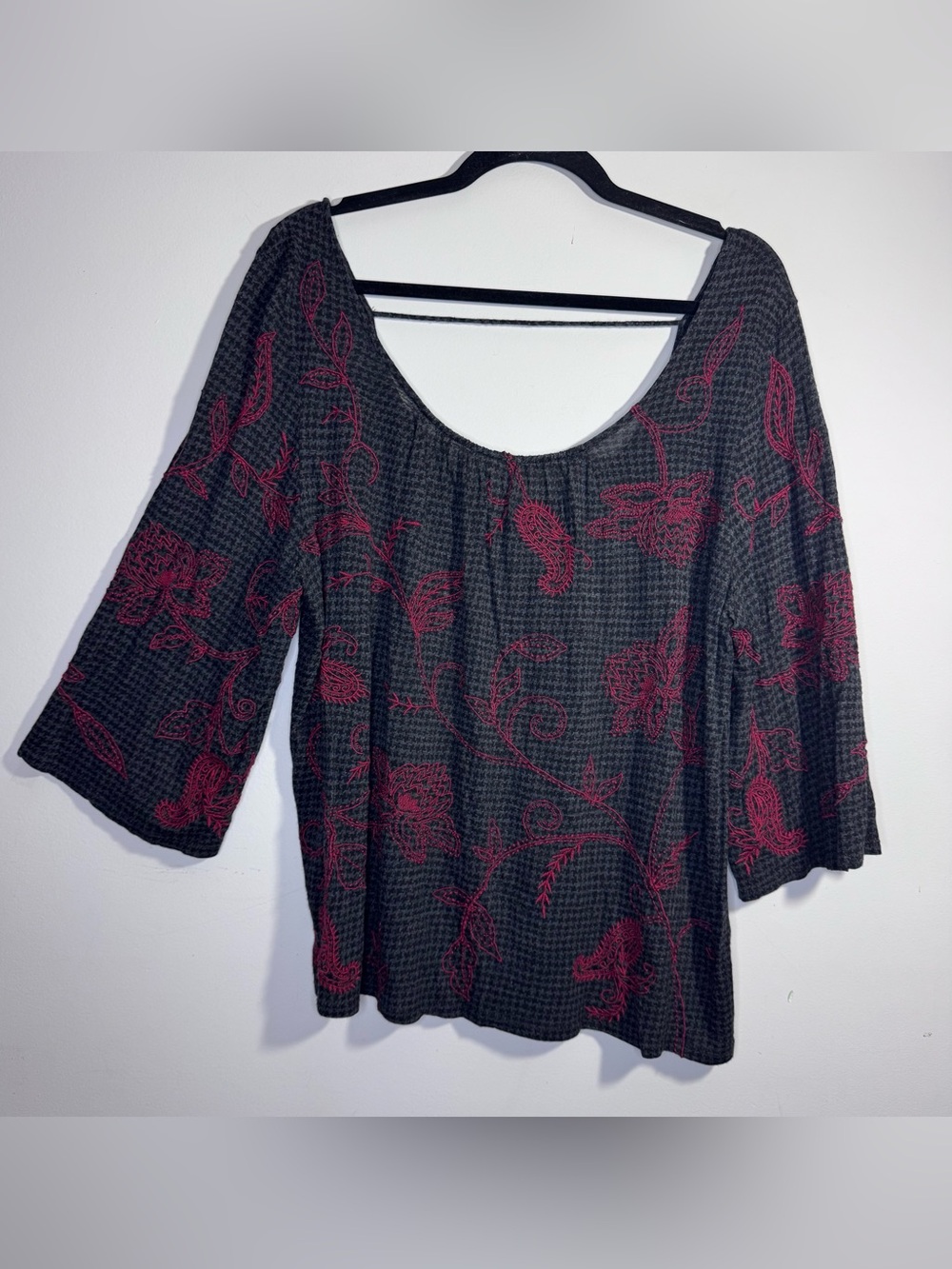 Lucky Brand Embroidered Peasant Top XL Boho Floral Houndstooth